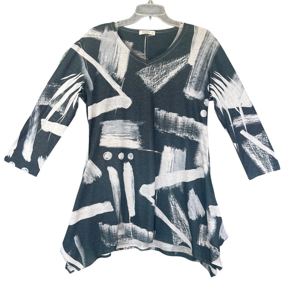 JESS & JANE V-Neck Tunic Blouse Grey White Size Medium NWT - Picture 2 of 9